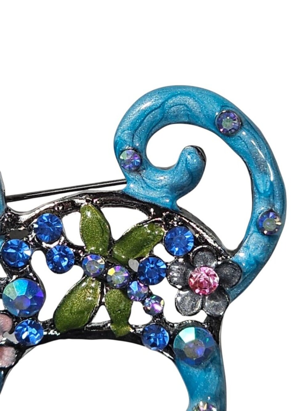 Betsy Johnson BROOCH Pendant PIN 1.9" ANIMAL RHINESTONE ENAMEL BLUE CAT FLOWER - Picture 8 of 8